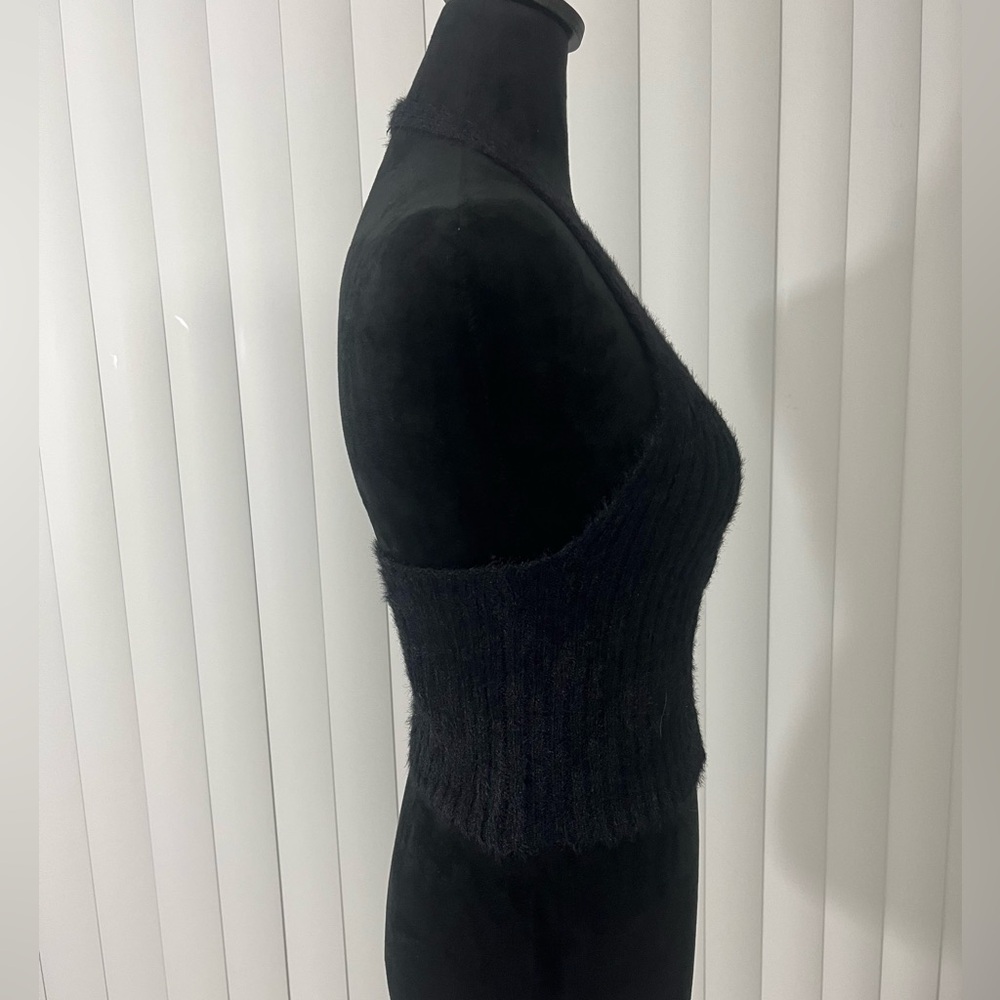 THE RAGGED PRIEST Bug Fuzzy Eyelash Ribbed Knit Halter Crop Top Zip Up Black S - Picture 8 of 12